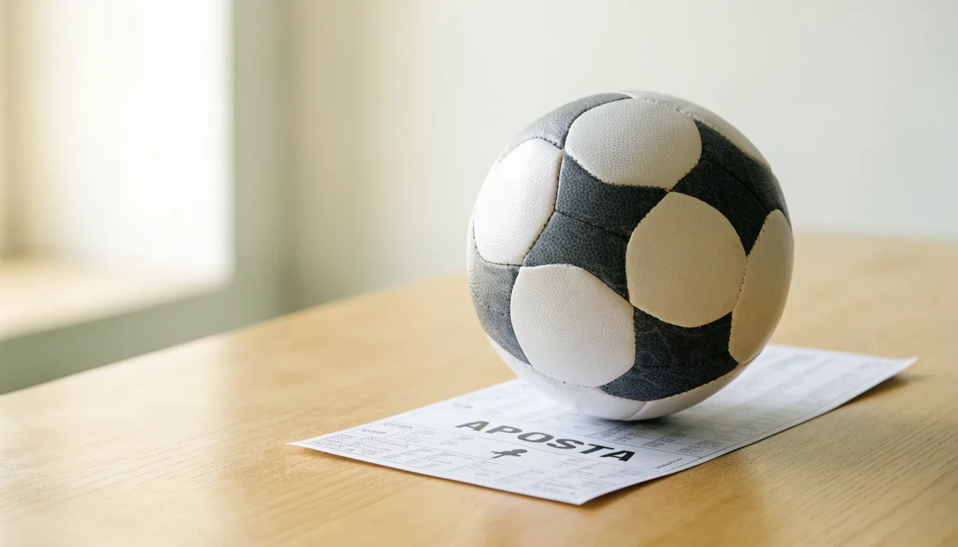 Uma bola de futebol pousada sobre um talão de apostas em branco numa mesa de madeira, à luz do dia