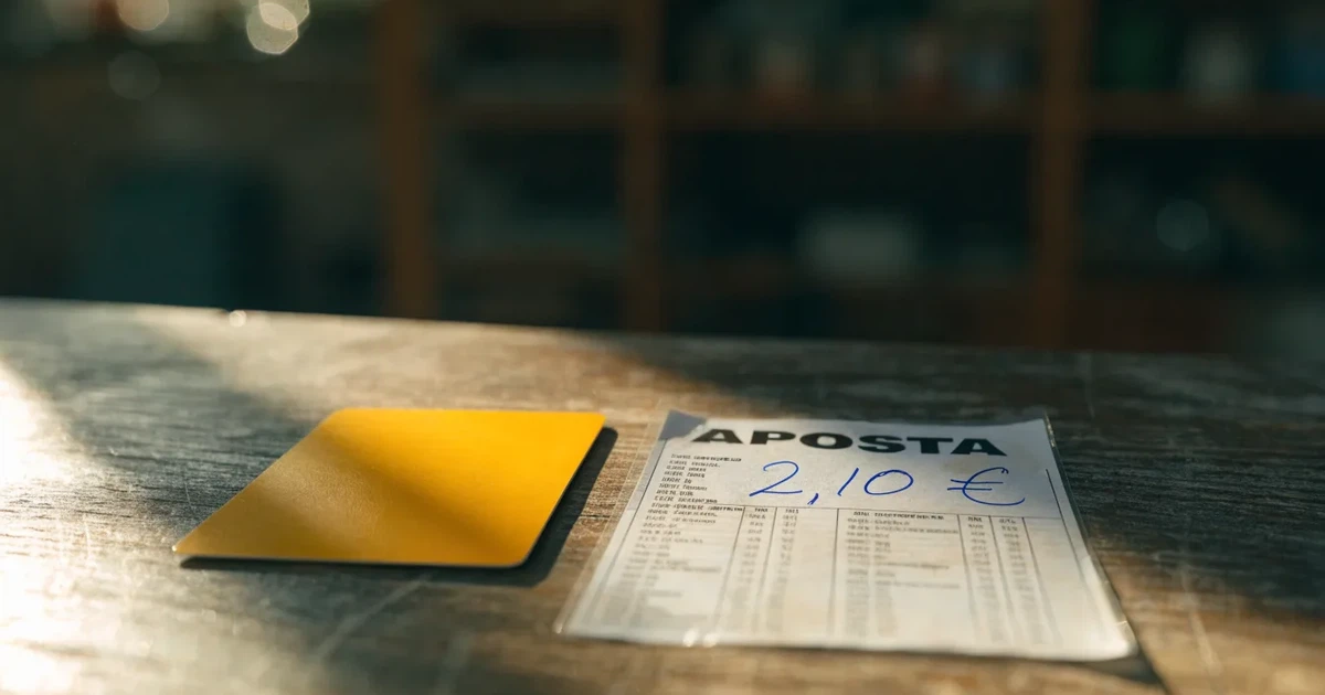Um cartão de oferta com uma fita dourada ao lado de um talão de apostas numa bancada de madeira